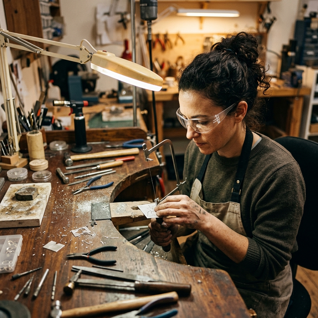 Leah at her jeweler's bench